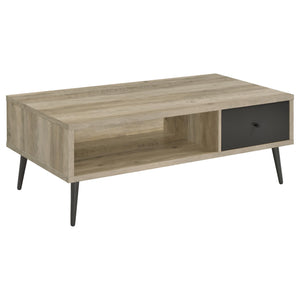 English Elm Balboa Distressed Pine 2-Piece Coffee & End Table Set with Gray Drawer, Open Cubby, Tapered Legs B062S01311