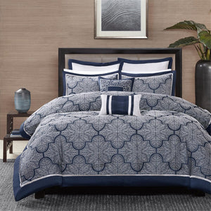 English Elm 8 Piece Jacquard Comforter Set - Elegant Navy Cal King With Metallic Shimmer And Decorative Pillows B03596805
