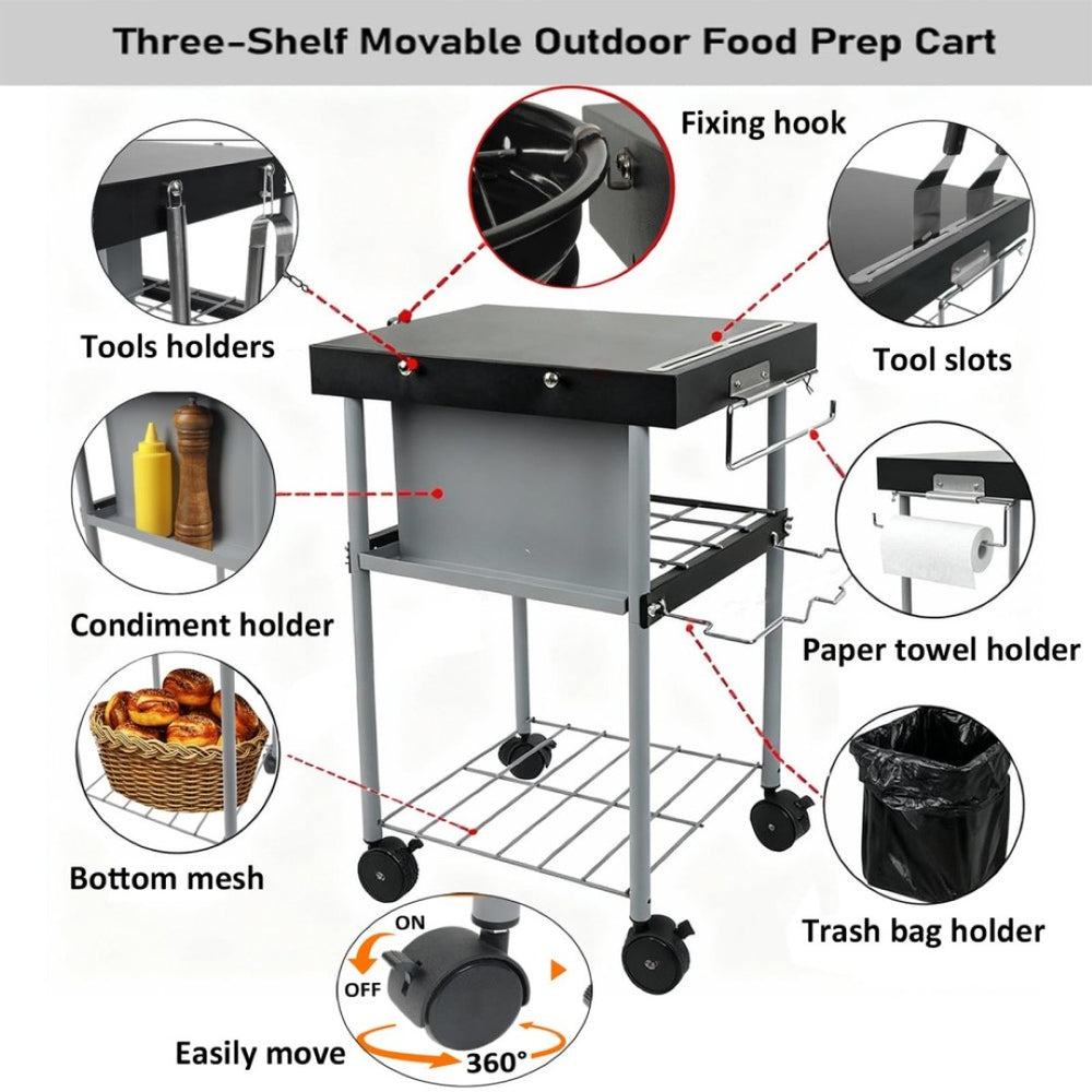 English Elm Rolling Outdoor Grill Cart with Three Shelves Powder Coated Steel Weber Kettle Compatible W2181P481702