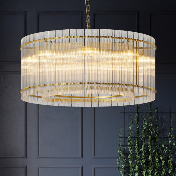 English Elm 37" Modern Round Crystal Chandelier, 2-Tier 8-Light LED Semi-Flush, Dimmable Touch Control, Adjustable Height Gold W1340P332561