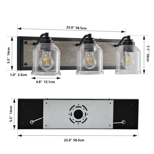 English Elm 23" Farmhouse Vanity Light Fixture – 3-Light Industrial Wall Sconce with Clear Seeded Glass, Black Woodgrain Finish W2312P374826