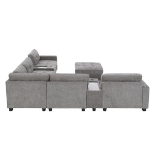 English Elm 104'' Sectional Sofa with Acrylic Table Top, Chenille Tufted U-Shaped Couch with Consoles, USB Charging, Storage Drawers and Ottoman for Living Room, Apartment Gray N723S0191E
