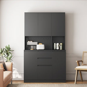 English Elm 74" Freestanding Buffet with Hutch - Black 6-Door Kitchen Pantry Cabinet, 3 Shelves, 2 Drawers, Multipurpose Storage for Laundry, Closet W1321S00005
