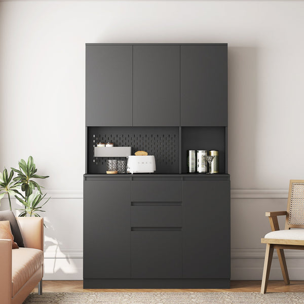 English Elm 74" Freestanding Buffet with Hutch - Black 6-Door Kitchen Pantry Cabinet, 3 Shelves, 2 Drawers, Multipurpose Storage for Laundry, Closet W1321S00005