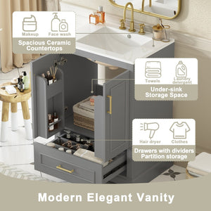 English Elm 24"bathroom Vanity Freestanding Gray Mdf Ceramic Sink Soft Close Storage Cabinet N729P321378E