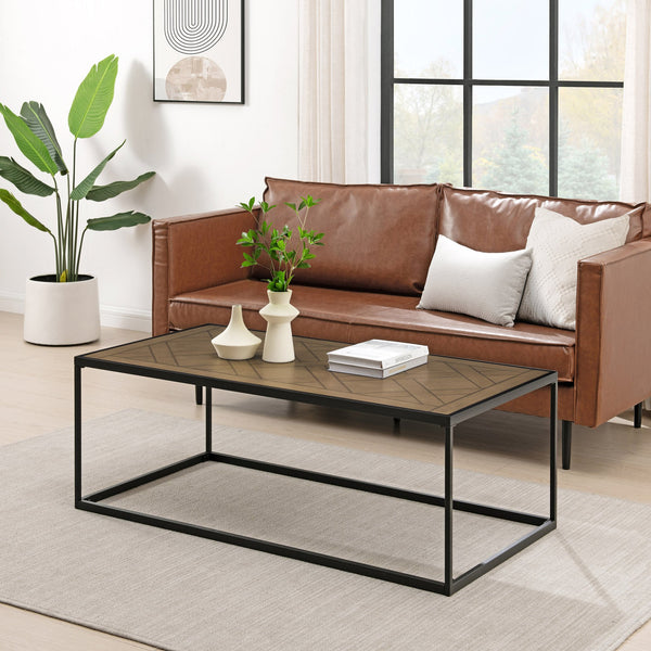 English Elm Walker Edison - Contemporary Parquet-Top Rectangle Coffee Table in Brown MDF with Powder-Coated Steel Frame, Modern B185P169025