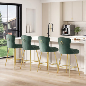 English Elm Bar Stools Set Of 2 - Elegant Green Velvet Wing-Back Chairs With Gold Metal Legs For Modern Dining T3623P363070