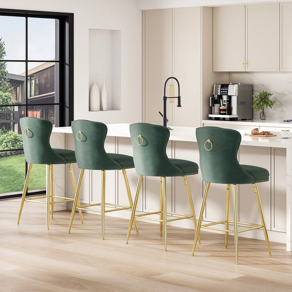 English Elm Bar Stools Set Of 2 - Elegant Green Velvet Wing-Back Chairs With Gold Metal Legs For Modern Dining T3623P363070