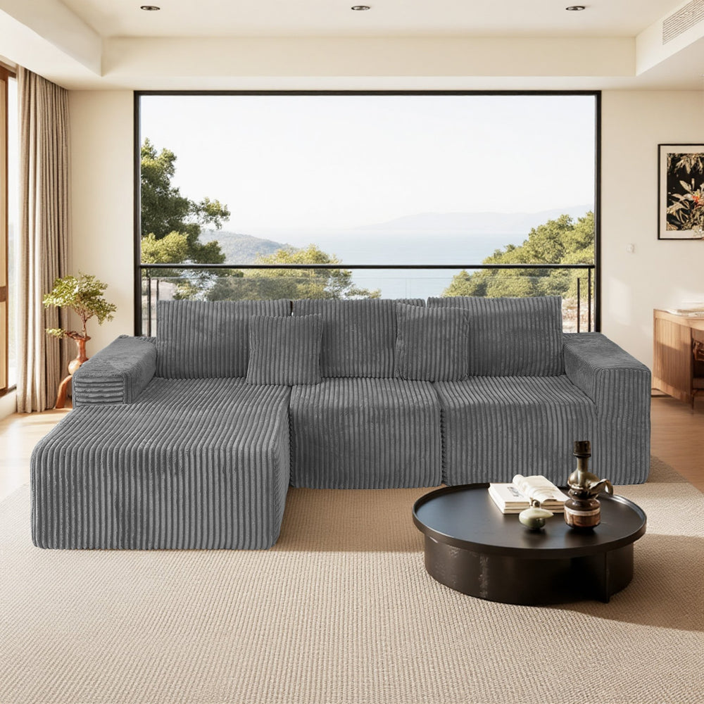 English Elm 112.99"Cloud Long-Pile Corduroy Sectional Sofa with L-Shape Chaise, Modular Deep-Seat Comfort for Living Room Grey W3276S00010