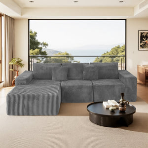 English Elm 112.99"Cloud Long-Pile Corduroy Sectional Sofa with L-Shape Chaise, Modular Deep-Seat Comfort for Living Room Grey W3276S00010