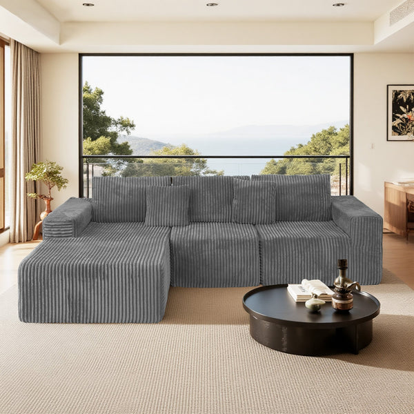 English Elm 112.99"Cloud Long-Pile Corduroy Sectional Sofa with L-Shape Chaise, Modular Deep-Seat Comfort for Living Room Grey W3276S00010