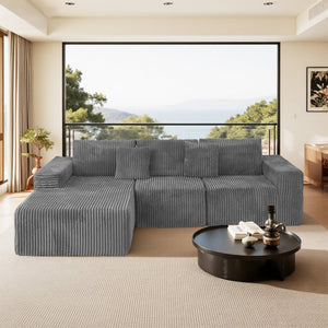 English Elm 112.99"Cloud Plush Corduroy Sectional Sofa with L-Shape Chaise, Modular Deep-Seat Comfort, No Assembly Grey W3276S00010