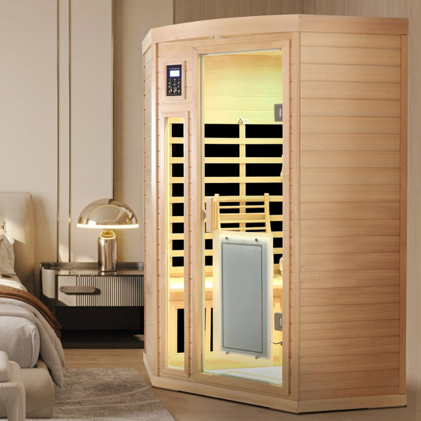 English Elm Low Emf Two Person Far Infrared Corner Sauna in Hemlock Wood with Glass Door Panel W632S00027