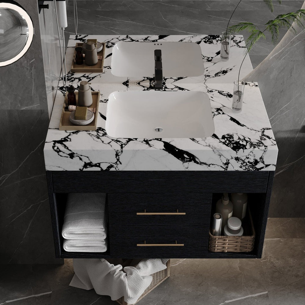 English Elm 29.9" Floating Bathroom Vanity Sintered Stone Top Soft Close Drawers Bronze Gold Hardware Black,Black White W3136S00036