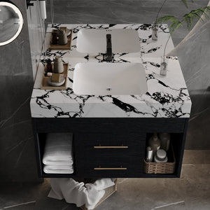 English Elm 29.9" Floating Bathroom Vanity Sintered Stone Top Soft Close Drawers Bronze Gold Hardware Black,Black White W3136S00036