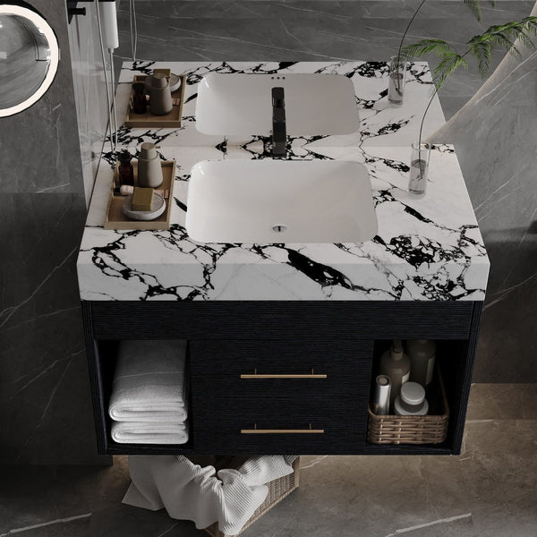 English Elm 29.9" Floating Bathroom Vanity Sintered Stone Top Soft Close Drawers Bronze Gold Hardware Black,Black White W3136S00036