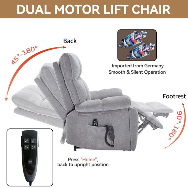 English Elm Beige Chenille Power Lift Recliner Dual Motor Massage Heat 350 Lb Capacity Gray W1803P264031