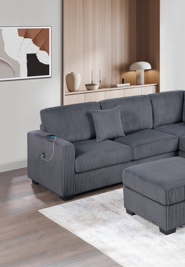 English Elm Living L-Shaped Sectional Sofa Set with Reversible Chaise, Tufted Burlap Fabric, Storage Ottoman, USB Port Dark Gray 34 L x 26 W x 46 H B011S01779