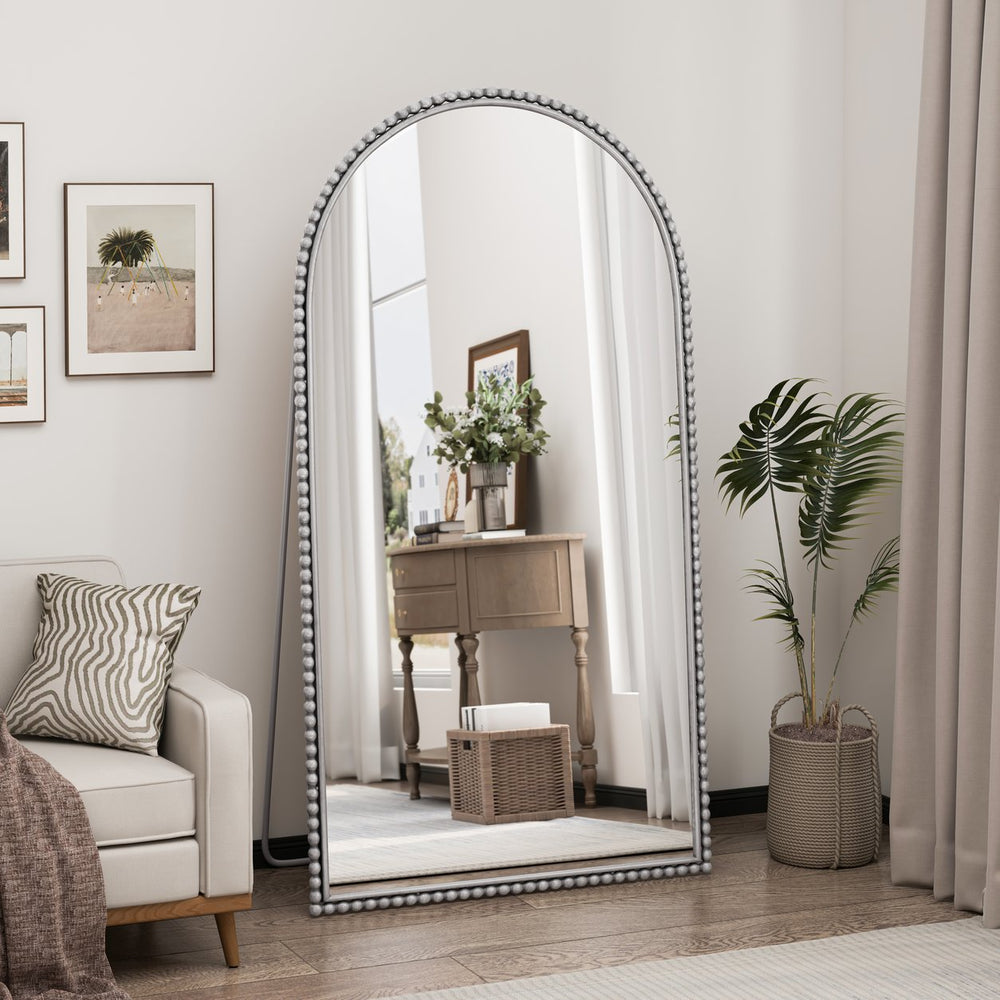 English Elm Iron Arch Retro Full Length Mirror with Floor Support Sturdy Metal Frame, Chic Vintage Accent for Home Decor Silver W757P268975
