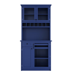 English Elm Topmax Farmhouse Buffet Hutch with Wine Rack Shaker Glass Pantry Cabinet Blue N717P327043C