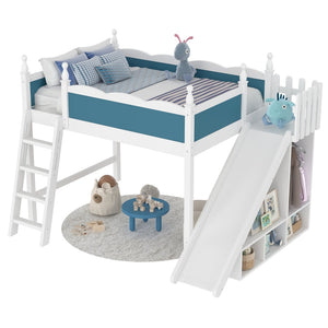English Elm Twin Loft Bed Solid Pine Frame with Wardrobe Shelving Detachable Slide Kids Room White+Blue W5305S00024