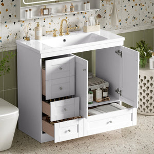 English Elm 36 Inch Shaker Bathroom Vanity with Resin Sink Four Soft Close Drawers Mdf Cabinet White N729P000028K