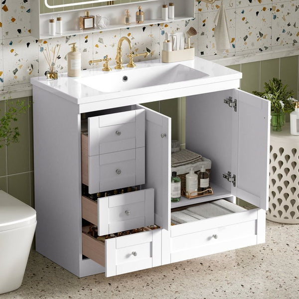 English Elm 36 Inch Shaker Bathroom Vanity with Resin Sink Four Soft Close Drawers Mdf Cabinet White N729P000028K