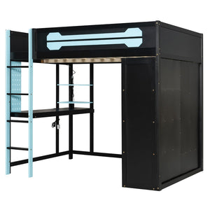English Elm Full Size Gaming Loft Bed with Rgb Lighting Integrated Desk and Open Wardrobe Blue N820S00073C