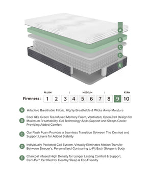 English Elm 12" Queen Hybrid Green Tea Gel Memory Foam Mattress - 12" Plush Pocket Coil Support, Breathable USA-Made Comfort B011P218276