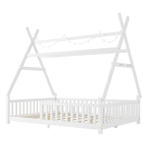 English Elm Twin Montessori Floor Bed House Frame with Led Lighting and Safety Rails for Kids White W2593P440589