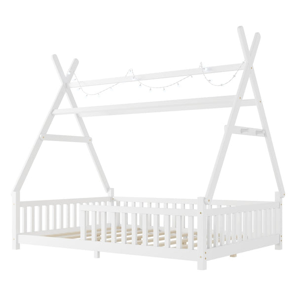 English Elm Twin Montessori Floor Bed House Frame with Led Lighting and Safety Rails for Kids White W2593P440589