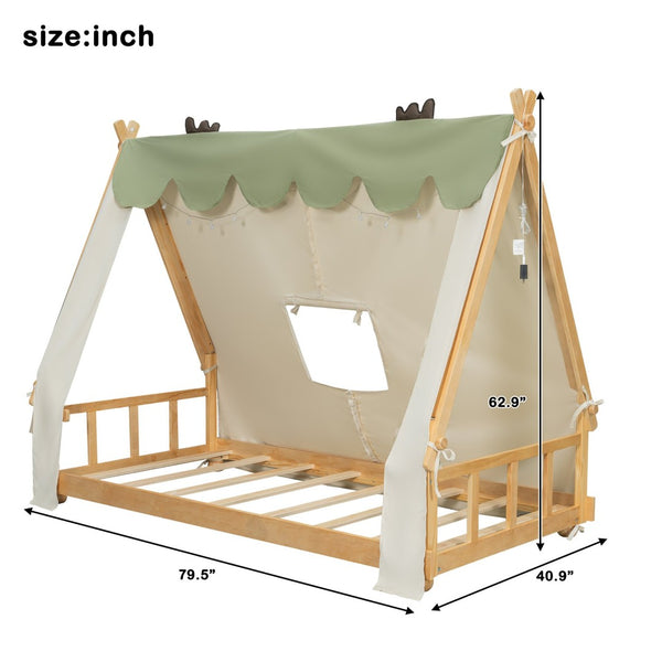 English Elm Twin Cabin Bed with Detachable Tent Skylight and Woodland Deer Antler Accents White N708P356716K
