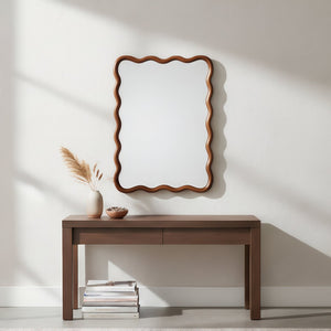 English Elm Black Walnut Solid Wood Wavy Round Mirror Sculptural Bohemian Wall Accent 30 Inch W2203P455235