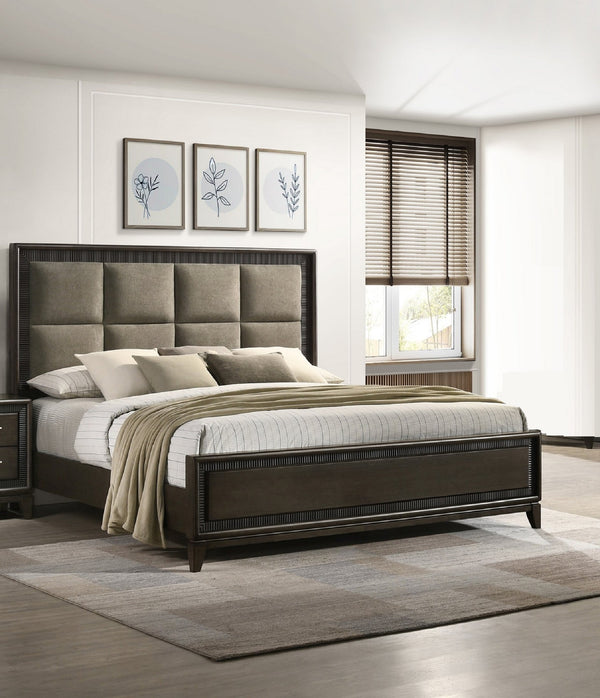English Elm 1pc Elegant Queen Panel Bed Upholstered Headboard with Solid Wood Legs, Modern Luxe Bedroom Centerpiece Brown 86 L x 11 W x 7 H B011S01224