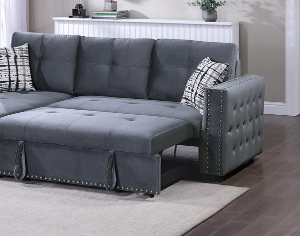 English Elm Gray Velvet Convertible Sectional Sofa with Pull-Out Bed, Reversible Storage Chaise, Tufted Elegance B011S01024