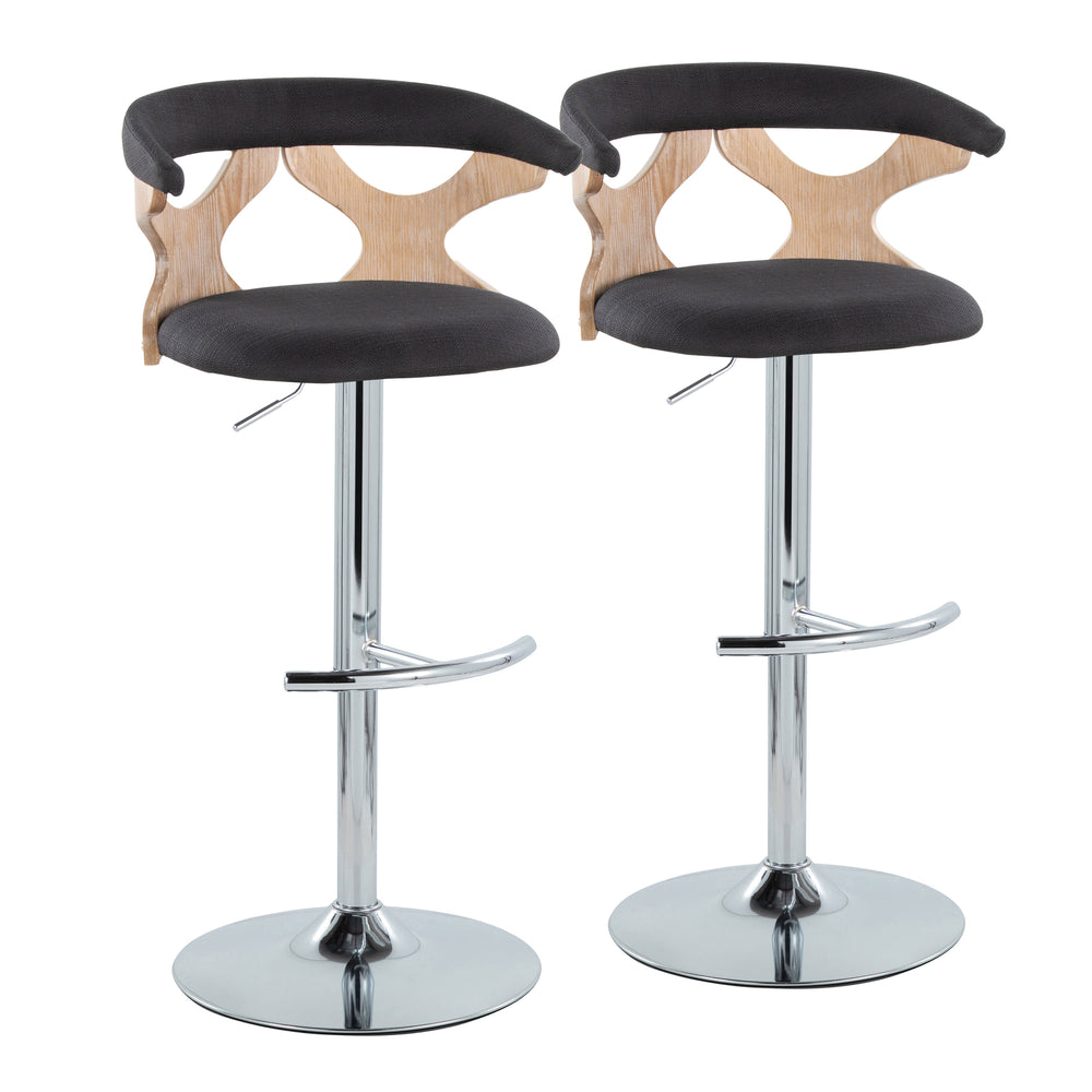 English Elm Gardenia Adjustable Swivel Barstool Set of 2 — Charcoal Fabric, Chrome Base, Whitewashed Wood Accents B202S00865