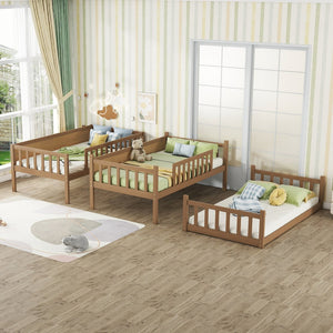 English Elm Twin Triple Rubberwood Bunk Bed with Ladders & Guardrails, Space-Saving Modular Design for Families White Oak W504S00172