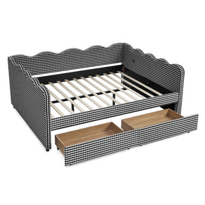 English Elm Queen Gingham Linen Daybed with Wave Backrest Two Storage Drawers and Usb Port Black W1413S00153