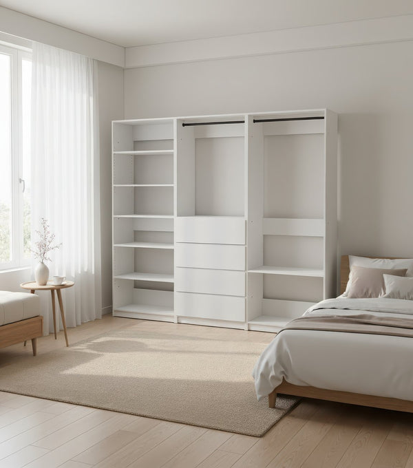 English Elm Prosper White Freestanding Walk-In Wood Closet System – Modular Melamine Oak Finish, Durable Storage Craftsmanship B040S00149