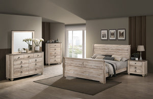 English Elm Imerland Contemporary White Wash Finish Bedroom Set With King Sleigh Bed, Dresser, Mirror, Two Nightstands, Chest