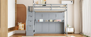 English Elm Full Over Murphy Bunk Bed with Hydraulic Lift Desk and Staircase Storage Gray LP200698AAE