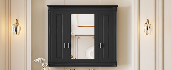 English Elm Bathroom Wall Cabinet with Mirror and 5 Shelves — Wall-Mounted Medicine Cabinet, Modern Storage Solution Black N710P252503B