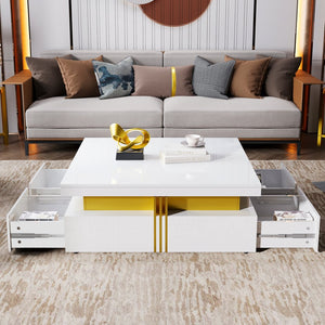 English Elm Modern Square Storage Coffee Table with 4 Drawers, 43.3" Top, Minimalist Durable MDF Design, White Glossy White CH359402AAK