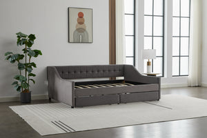 English Elm Daybed Velvet Upholstered with 2 Drawers & Wood Slat Support, Gray Full Sofa Bed with Storage W2725S00004