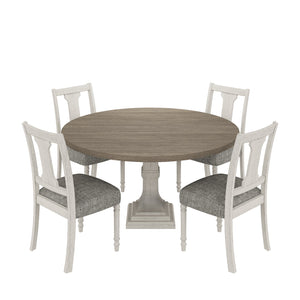 English Elm Tannen 59" Round Dining Set with 4 Ergonomic Chairs, Distressed White & Gray Finish, Rustic Elegance B061S00823