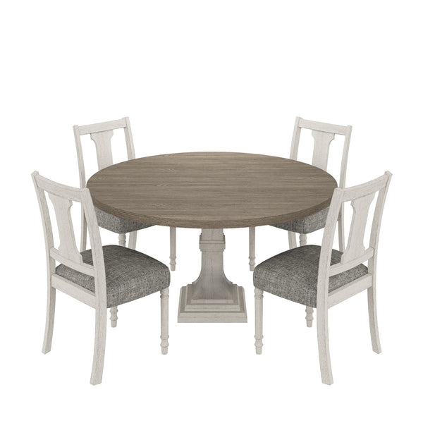 English Elm Tannen 59" Round Dining Set with 4 Ergonomic Chairs, Distressed White & Gray Finish, Rustic Elegance B061S00823