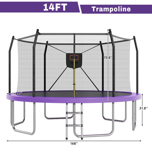 English Elm 14ft Backyard Trampoline with Led Lights Basketball Hoop and Galvanized Safety Frame N739P308480A