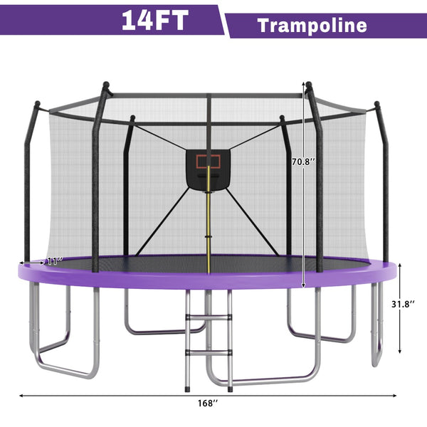 English Elm 14ft Backyard Trampoline with Led Lights Basketball Hoop and Galvanized Safety Frame N739P308480A
