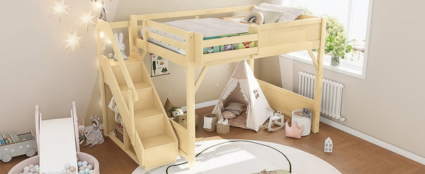 English Elm Twin Low Loft Bed Solid Pine Frame Kids Study Desk Blackboard Storage White Natural W1580S00549