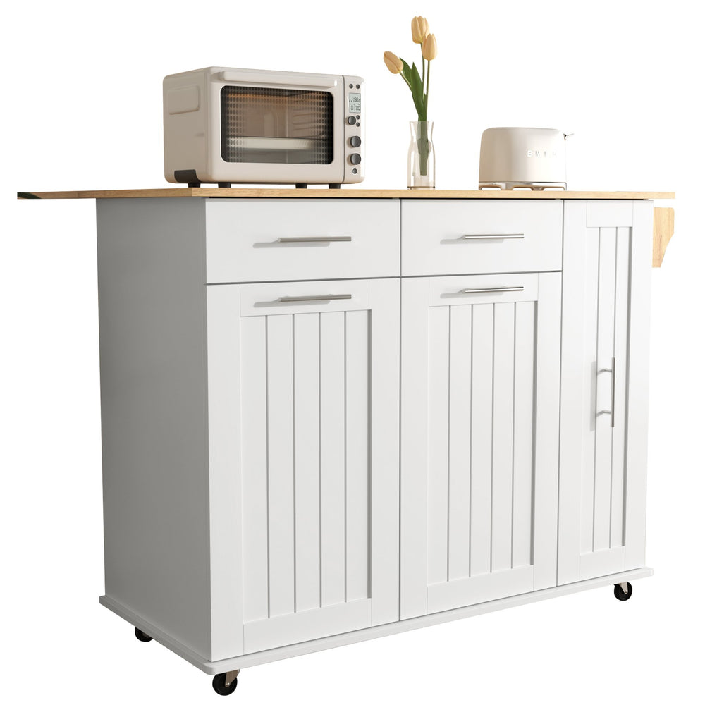 English Elm K&K Kitchen Island with Drop Leaf, Rolling Storage Cart with 3-Tier Pull-Out Organizer, Durable Wood Countertop White WF531421AAW